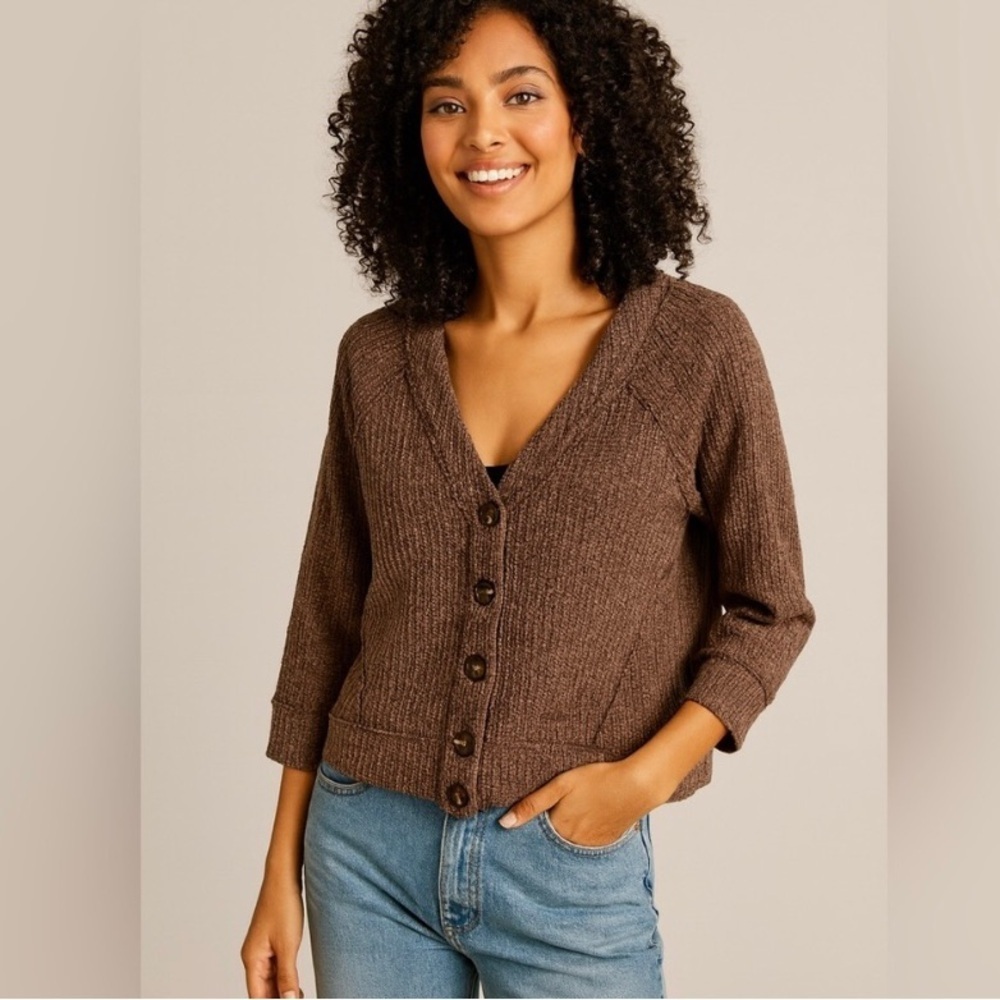 Vince Camuto Textured Olive/Brown Distressed Minimalistic Cardigan